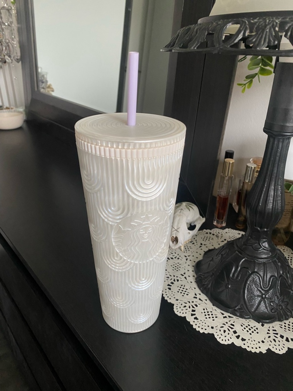 Starbucks Pearl White Textured Tumbler with Lilac Straw